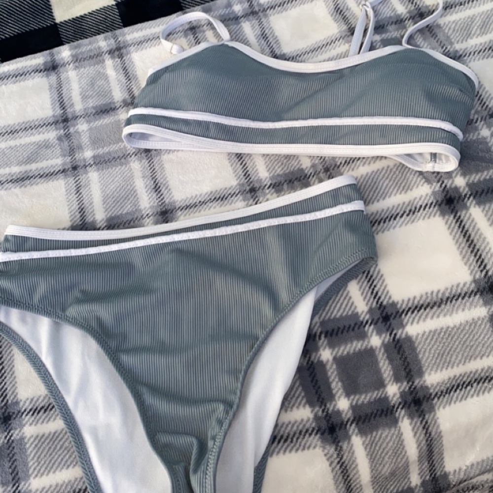 shein~teal/blue with white straps 2 piece bathing suit size small